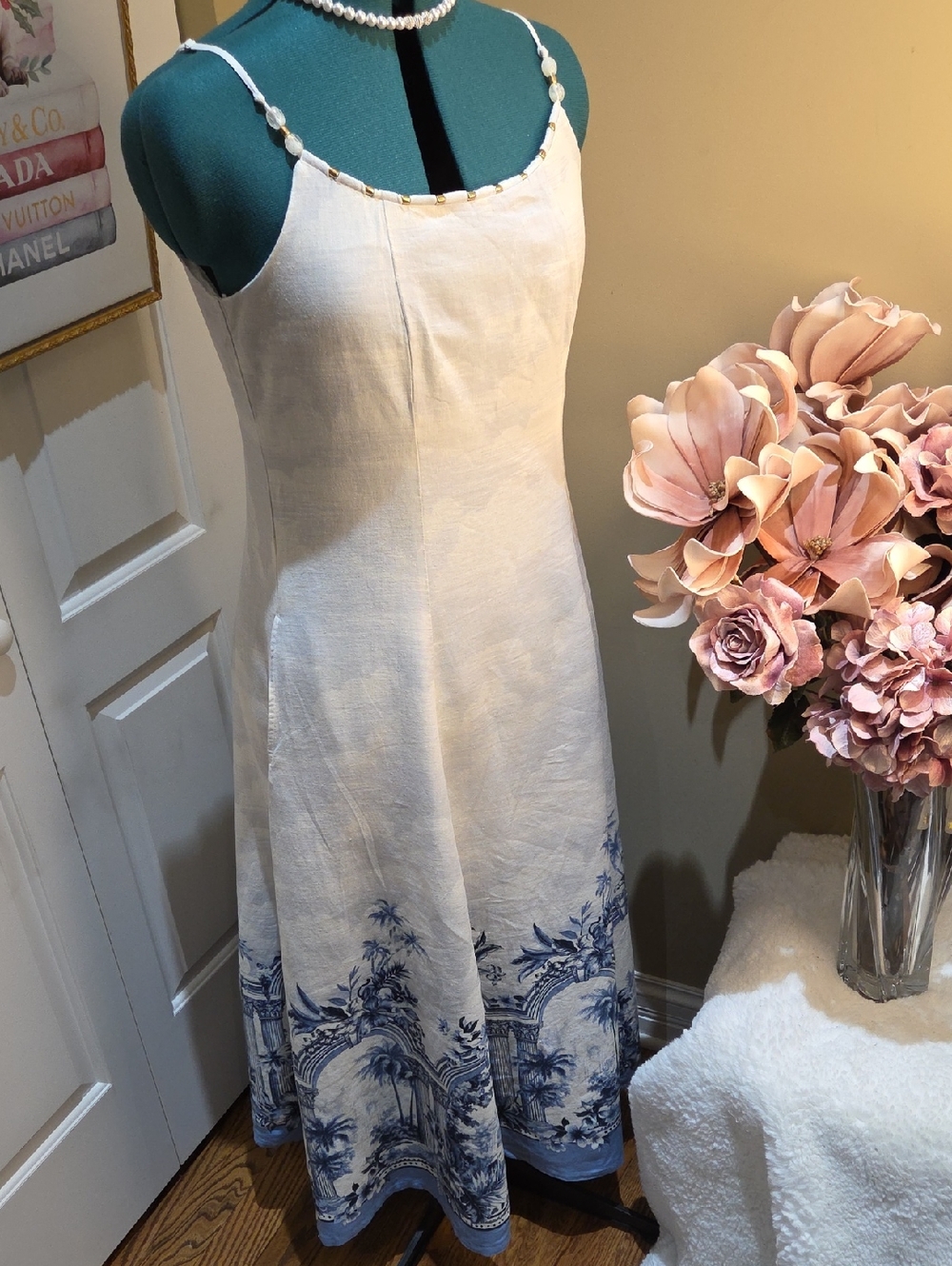 Nwt 8 & 6 & 4 Rachel Zoe White Linen Maxi Dress with Blue Scenic Hem - Picture 12 of 16